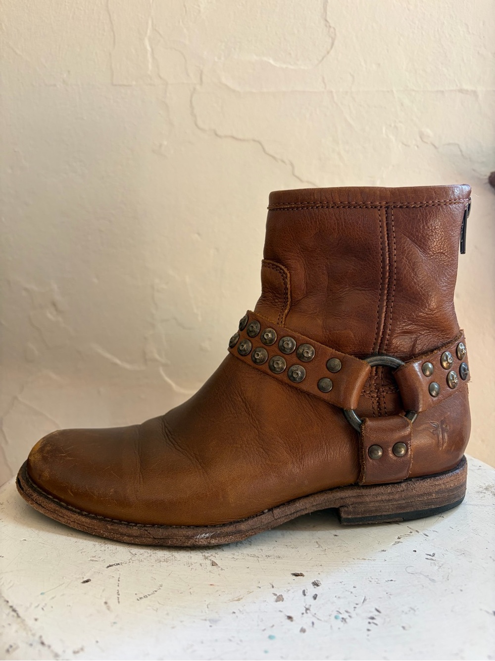Frye Brown Leather Studded Harness Boot
